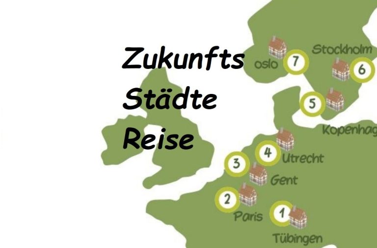 Landkarte Landkarte mit Zukunftstädten: Tübingen, Paris, Gent, Utrecht, Kopenhagen, Stockholm, Oslo